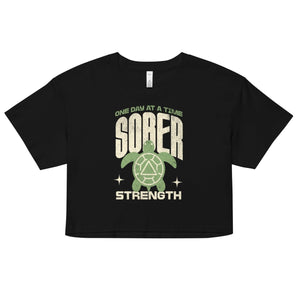 Sober Strength Women’s Crop Top – Recovery Turtle - Black / XS | Sobervation