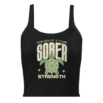 Sober Strength Women’s Micro-Rib Tank – Recovery Turtle - Solid Black Blend / XS | Sobervation