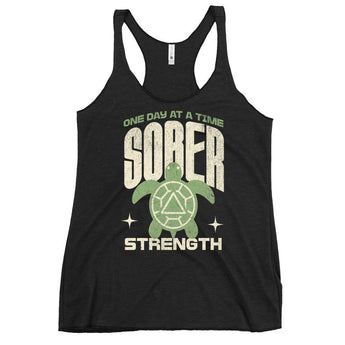 Sober Strength Women’s Racerback Tank – Recovery Turtle - Vintage Black / XS | Sobervation
