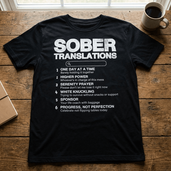 Sober Translations – Funny Recovery Essential Tee - Black Graphic Print T Shirt - Sobervation