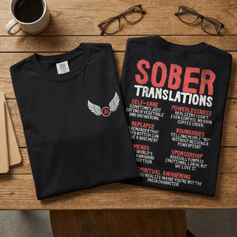 Sober Translations Volume 3 Premium Tee – Wings of Recovery Embroidered - Black Heavyweight Embroidered Tee - Sobervation