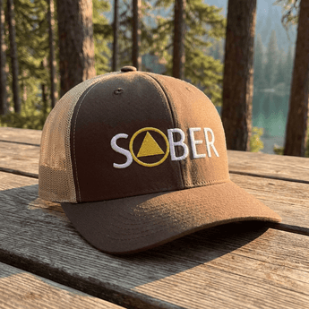 SOBER Trucker Hat with Sobriety Symbol - Mesh Snapback Cap - Brown/ Khaki Retro Trucker Hat - Sobervation