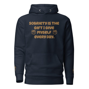 Sobriety is the Gift Premium Hoodie – Embroidered Recovery Apparel - Navy Blazer / S | Sobervation