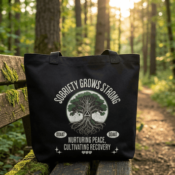 Sobriety Grows Strong Large Tote Bag | Recovery Roots Carryall | Sobervation - Black Large Tote Bag - Sobervation