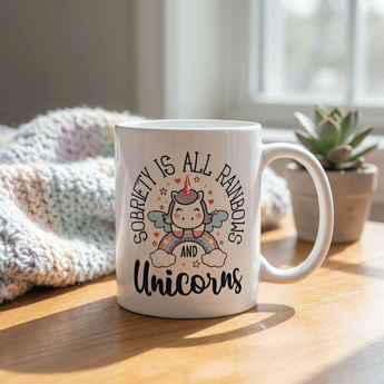 Sobriety Is All Rainbows and Unicorns White Glossy Mug - Funny Recovery Coffee Mug - 11 oz Mug - Sobervation