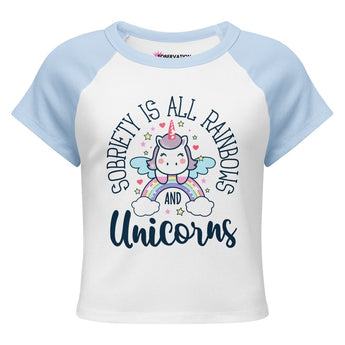 Sobriety Is All Rainbows and Unicorns Women’s Micro Rib Raglan Baby Tee - White/Baby Blue / S | Sobervation