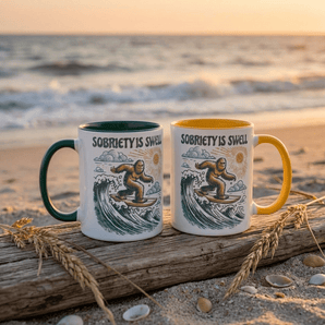 Sobriety is Swell Illustrated Mug - Bigfoot Surfer Recovery Drinkware - Dark green Mug - Sobervation