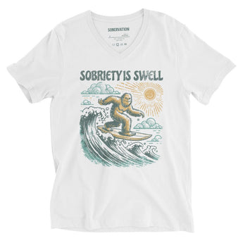 Sobriety Is Swell V-Neck Tee – Ride the Wave of Recovery - S | Sobervation