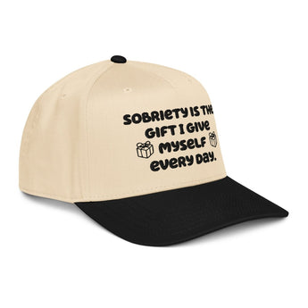 Sobriety Is the Gift I Give Myself Every Day 5 Panel Mid-Profile Baseball Cap - Black/Natural | Sobervation