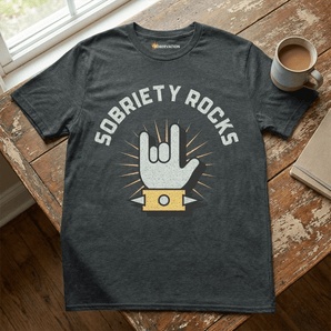 Sobriety Rocks Essential Unisex Tee - Rock 'n' Roll Recovery Shirt - Dark Heather Graphic Print T Shirt - Sobervation