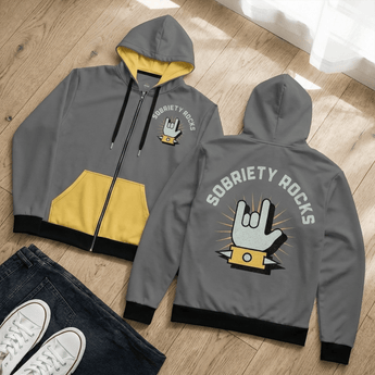 Sobriety Rocks Gray & Yellow Zip Hoodie | Rock & Roll Recovery Apparel | Sobervation - 2XS All Over Print Zip Up Hoodie - Sobervation