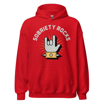 Sobriety Rocks Hoodie – Rock 'n' Roll Recovery Apparel - Red / S | Sobervation