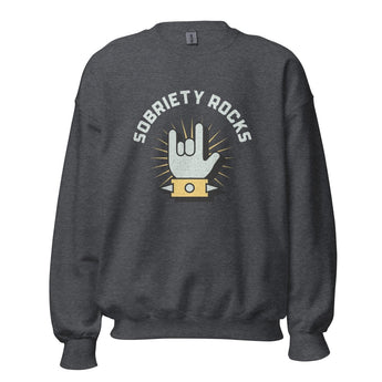Sobriety Rocks Sweatshirt – Hand Gesture Recovery Apparel - Dark Heather / S | Sobervation