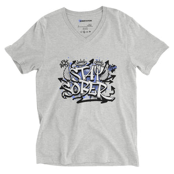 Stay Sober Graffiti V-Neck Tee – Street Style Meets Recovery Strength - Athletic Heather / S | Sobervation
