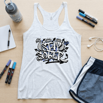 Stay Sober Women's Racerback Tank - Graffiti Recovery Statement Apparel - Heather White / XS | Sobervation