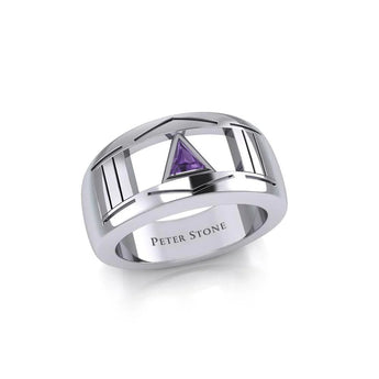 Sterling Silver Modern Recovery Ring - Inlaid Sobriety Symbol Jewelry TRI1928 - Genuine Amethyst / 4 | Sobervation
