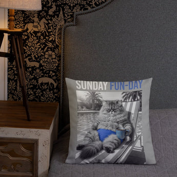 Sunday Fun Day - Poolside Coffee Cat Premium Pillow - Premium Pillow - Sobervation