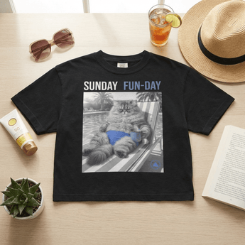 Sunday Fun Day - Poolside Coffee Cat Women’s heavyweight boxy tee - Black Women's Heavyweight Boxy Tee - Sobervation