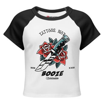 Tattoos Not Booze Dagger Women’s Micro Rib Raglan Baby Tee - White/Black / S | Sobervation
