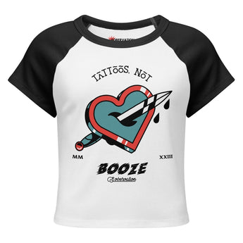 Tattoos Not Booze Heart Women’s Micro Rib Raglan Baby Tee - White/Black / S | Sobervation