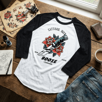 Tattoos Not Booze Raglan Shirt – Rose Dagger 3/4 Sleeve Tee - White/Black / XS | Sobervation