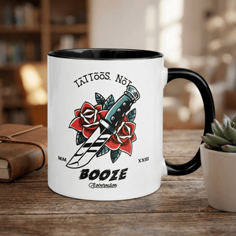Tattoos Not Booze Rose Dagger Color Inside Mug – Recovery Coffee Mug - Black Mug - Sobervation