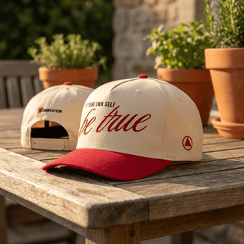 To Thine Own Self Be True | Embroidered 5 Panel Baseball Cap - Red/Natural 5 Panel Mid Profile Baseball Cap - Sobervation