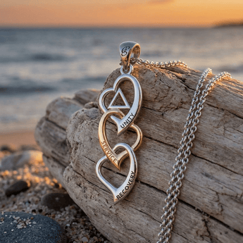 Triple Heart AA Recovery Pendant – Sterling Silver with Gold Accents & Chain - Pendant With 18" Chain Necklace - Sobervation