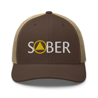 SOBER Trucker Hat with Sobriety Symbol - Mesh Snapback Cap - Brown/ Khaki | Sobervation