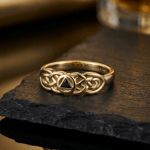 Triumphant Recovery Solid 14K Yellow Gold Celtic AA Inlaid Ring - Synthetic Black Onyx Ring - Sobervation