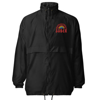 Unapologetically Sober Rainbow Embroidered Windbreaker – Pride Recovery Jacket - Black / S | Sobervation