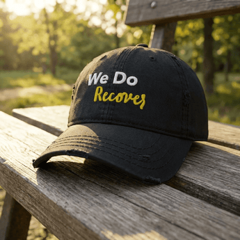 We Do Recover Embroidered Distressed Dad Hat - Classic Recovery Cap - Black Distressed Dad Hat - Sobervation