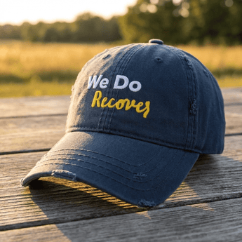 We Do Recover Embroidered Distressed Dad Hat - Classic Recovery Cap - Navy Distressed Dad Hat - Sobervation