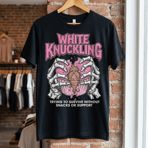 White Knuckling Sobriety T-Shirt | Skeleton Cupcake Recovery Tee - Black Graphic Print T Shirt - Sobervation