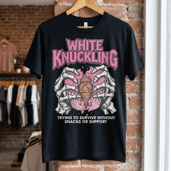 White Knuckling Sobriety T-Shirt | Skeleton Cupcake Recovery Tee - Black Graphic Print T Shirt - Sobervation