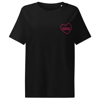 SOBER in a Heart – Embroidered Organic Ribbed Neck Tee (Women’s) - Black / S | Sobervation
