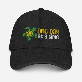 One Day at a Time Turtle Denim Dad Hat - Embroidered Recovery Cap - Black | Sobervation
