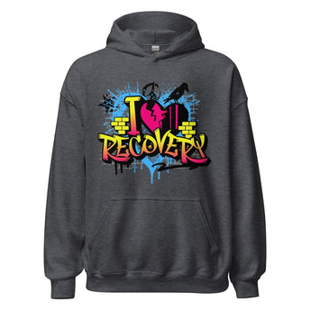 I Heart Recovery Graffiti Hoodie - Bold Sobriety Statement - Dark Heather / S | Sobervation