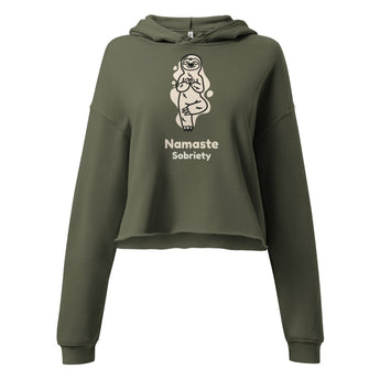 Namaste Sobriety Sloth Crop Hoodie - Women's Inner Peace Recovery Apparel - Military Green / S | Sobervation