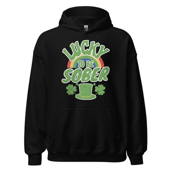 Lucky to be Sober St. Patrick's Day Hoodie - Rainbow Shamrock Design - Black / S | Sobervation