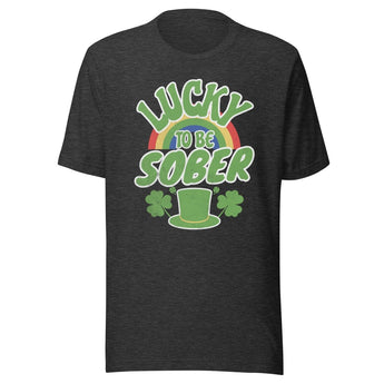 Lucky to be Sober St. Patrick's Day Tee - Rainbow Shamrock Shirt - Dark Grey Heather / S | Sobervation