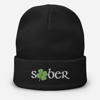 Shamrock Sober Gaelic Beanie - Celtic Recovery Knit Hat - Black | Sobervation