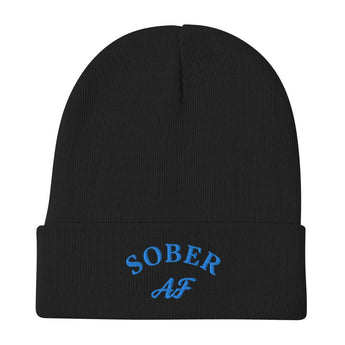 SOBER AF Embroidered Beanie - Blue Thread Recovery Knit Hat - Black | Sobervation