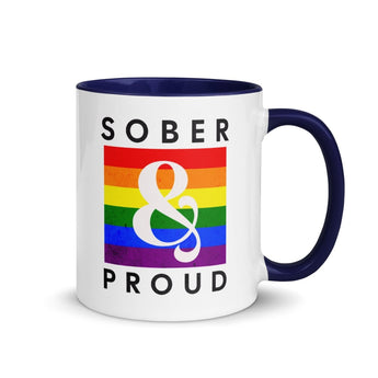Sober & Proud Rainbow Mug - 11oz Color Inside Coffee Cup - Dark Blue | Sobervation