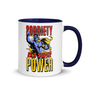 Sobriety is a Superpower Comic Mug - 11oz Color Inside Coffee Cup - Dark Blue | Sobervation