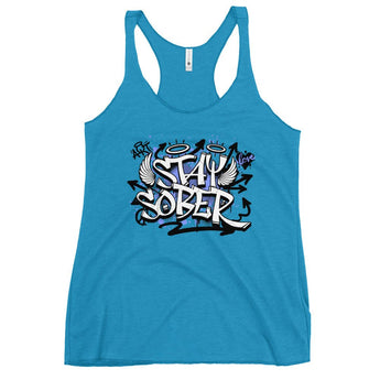 Stay Sober Women's Racerback Tank - Graffiti Recovery Statement Apparel - Vintage Turquoise / XS | Sobervation