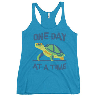 One Day at a Time Turtle Racerback Tank - Women's Steady Journey Apparel - Vintage Turquoise / XS | Sobervation