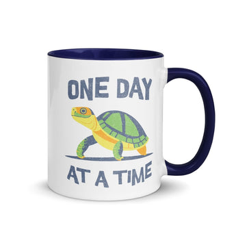 One Day at a Time Turtle Mug - 11oz Color Inside Coffee Cup - Dark Blue | Sobervation