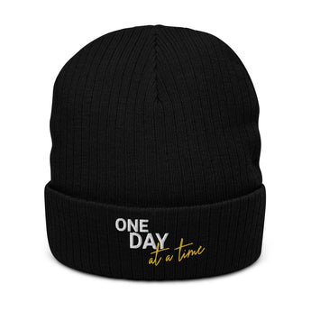 One Day at a Time - Sustainable Ribbed Knit Beanie | Recovery Headwear - Black | Sobervation