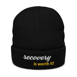 Recovery Is Worth It - Sustainable Ribbed Knit Beanie | Recovery Headwear - Black | Sobervation
